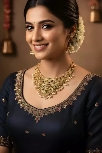 Antique lakshmi temple necklace set with peacock design and jhumka earrings for bridal wear