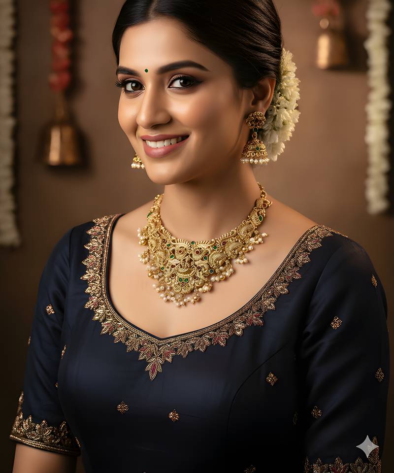 Antique lakshmi temple necklace set with peacock design and jhumka earrings for bridal wear