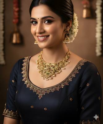 Antique lakshmi temple necklace set with peacock design and jhumka earrings for bridal wear 2