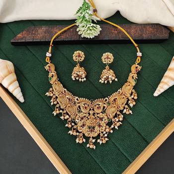 Antique lakshmi temple necklace set with peacock design and jhumka earrings for bridal wear 3