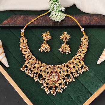 Antique temple lakshmi necklace set with jhumka earrings 2