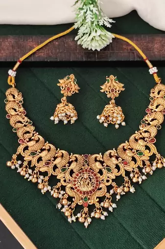 Antique temple lakshmi necklace set with jhumka earrings
