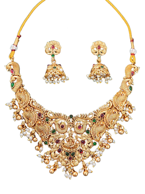 Antique lakshmi temple necklace set with peacock design and jhumka earrings for bridal wear 4