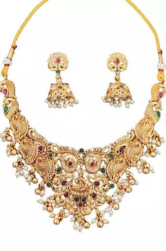 Antique lakshmi temple necklace set with peacock design and jhumka earrings for bridal wear