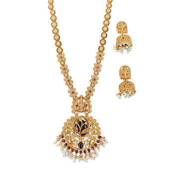 Antique lakshmi long temple necklace set with jhumka earrings 4