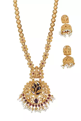 Antique lakshmi long temple necklace set with jhumka earrings