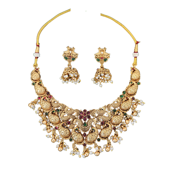 Antique peacock temple necklace set with jhumka earrings 3