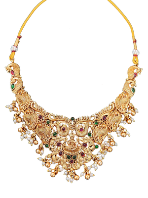 Antique lakshmi temple necklace set with peacock design and jhumka earrings for bridal wear 5