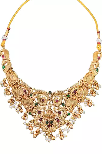 Antique lakshmi temple necklace set with peacock design and jhumka earrings for bridal wear