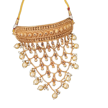 Designer antique gold finish necklace set with intricate layered patterns 4