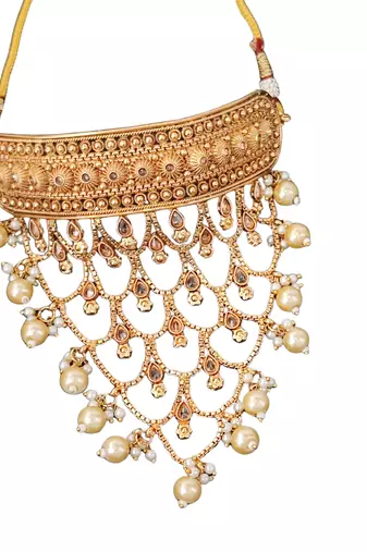Designer antique gold finish necklace set with intricate layered patterns
