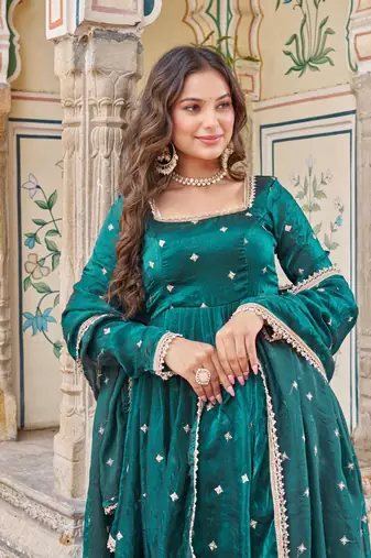 Emerald Color Embroidery,Sequence And Thread Work Silk Top Bottom Set