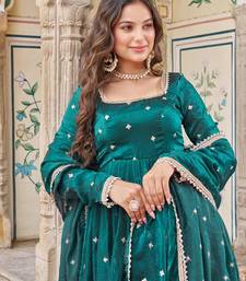 Emerald Color Embroidery,Sequence And Thread Work Silk Top Bottom Set