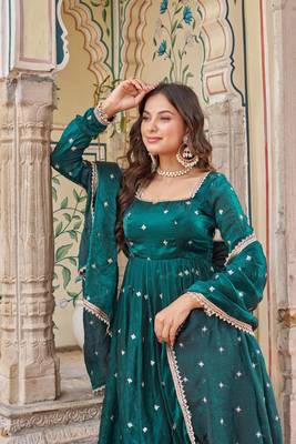 Emerald Color Embroidery,Sequence And Thread Work Silk Top Bottom Set 3