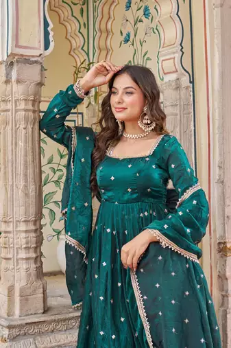 Emerald Color Embroidery,Sequence And Thread Work Silk Top Bottom Set