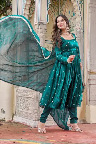 Emerald Color Embroidery,Sequence And Thread Work Silk Top Bottom Set