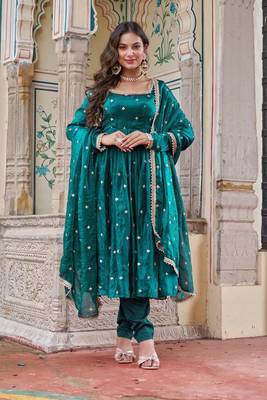 Emerald Color Embroidery,Sequence And Thread Work Silk Top Bottom Set 1