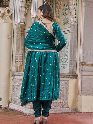 Emerald Color Embroidery,Sequence And Thread Work Silk Top Bottom Set 5
