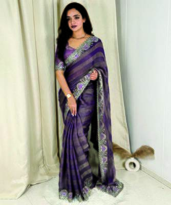 Purple chiffon striped embroidered saree 3