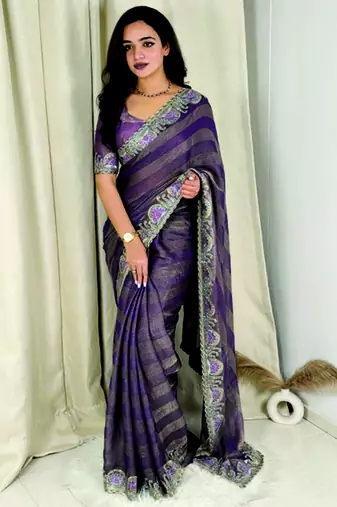 Purple chiffon striped embroidered saree