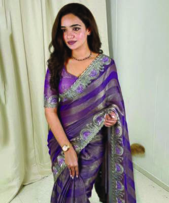 Purple chiffon striped embroidered saree 4