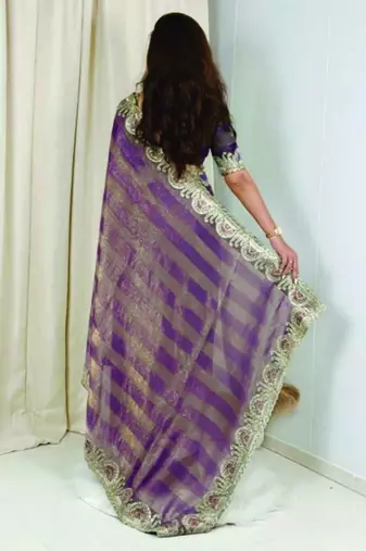 Purple chiffon striped embroidered saree