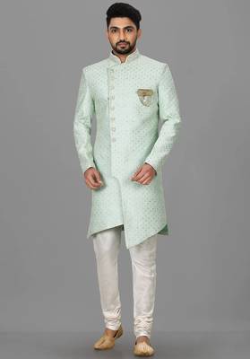 Teal blue dupion arts silk anghrakha design with hand work on collar and buttons indo western 1