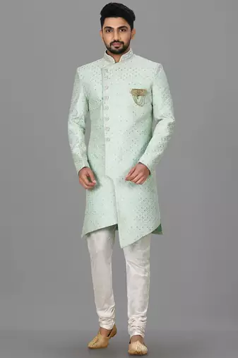 Teal blue dupion arts silk anghrakha design with hand work on collar and buttons indo western