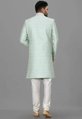 Teal blue dupion arts silk anghrakha design with hand work on collar and buttons indo western 4