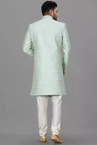 Teal blue dupion arts silk anghrakha design with hand work on collar and buttons indo western