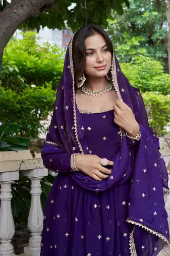 Purple Color Embroidery,Sequence And Thread Work Silk Top Bottom Set