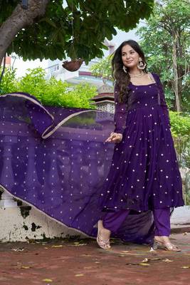 Purple Color Embroidery,Sequence And Thread Work Silk Top Bottom Set 3
