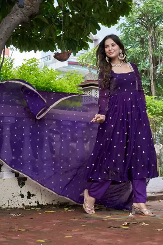 Purple Color Embroidery,Sequence And Thread Work Silk Top Bottom Set
