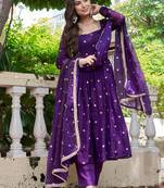 Purple Color Embroidery,Sequence And Thread Work Silk Top Bottom Set