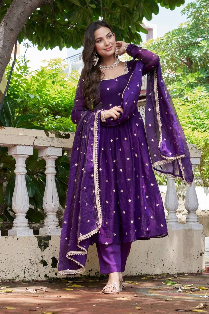 Purple Color Embroidery,Sequence And Thread Work Silk Top Bottom Set