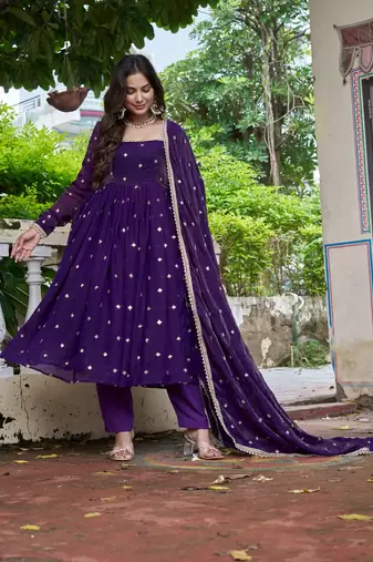 Purple Color Embroidery,Sequence And Thread Work Silk Top Bottom Set