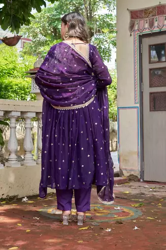 Purple Color Embroidery,Sequence And Thread Work Silk Top Bottom Set