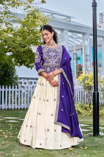 Purple Color Embroidery Sequence And Thred Work Tissue Silk Lahenga Choli Set