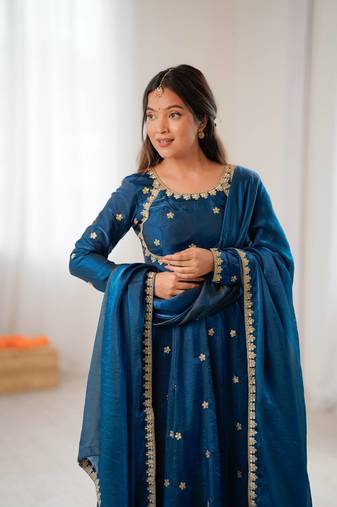 Teal Color Coding with Sequnce work Silk Top Bottom Dupatta Set