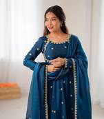 Teal Color Coding with Sequnce work Silk Top Bottom Dupatta Set