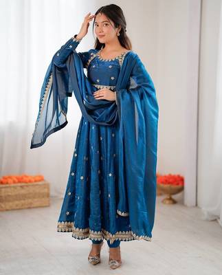 Teal Color Coding with Sequnce work Silk Top Bottom Dupatta Set 2