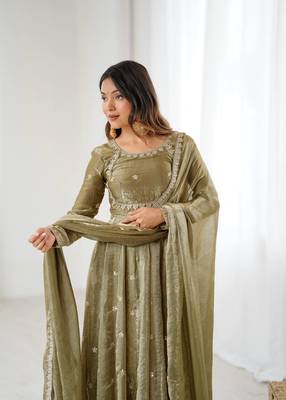 Olive Color Coding with Sequnce work Silk Top Bottom Dupatta Set 1