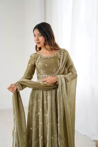 Olive Color Coding with Sequnce work Silk Top Bottom Dupatta Set