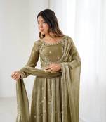 Olive Color Coding with Sequnce work Silk Top Bottom Dupatta Set
