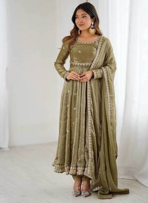 Olive Color Coding with Sequnce work Silk Top Bottom Dupatta Set 2