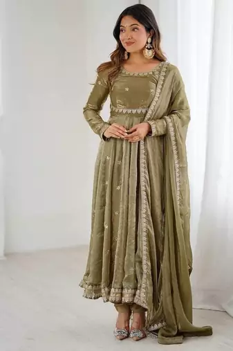 Olive Color Coding with Sequnce work Silk Top Bottom Dupatta Set