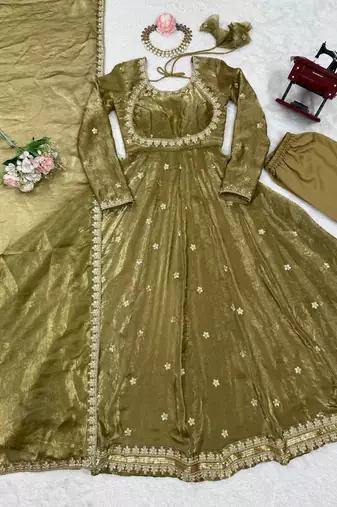 Olive Color Coding with Sequnce work Silk Top Bottom Dupatta Set
