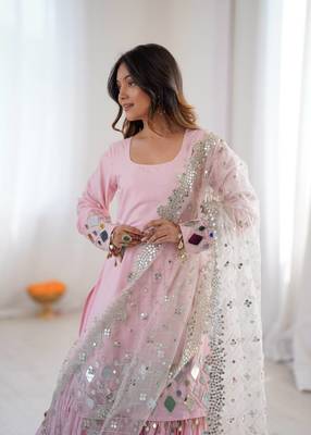 Light Pink Color Embroidery,Thread With Real Mirror Work French Creep Top Bottom Dupatta Set  2