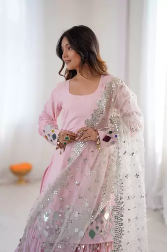 Light Pink Color Embroidery,Thread With Real Mirror Work French Creep Top Bottom Dupatta Set 