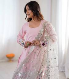 Light Pink Color Embroidery,Thread With Real Mirror Work French Creep Top Bottom Dupatta Set 